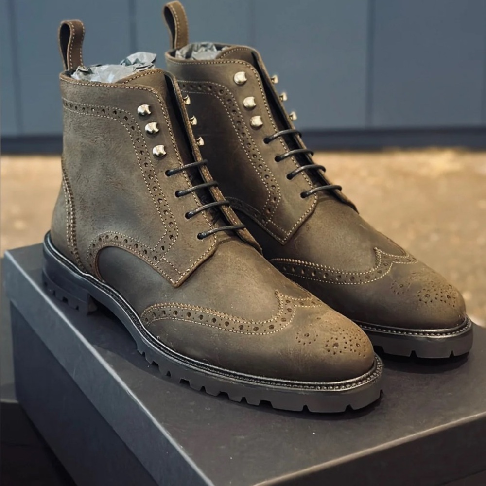 Alberta Boot Olive Green Waxed Suede Leather Outward Stitching LaceUp Boots 7.5